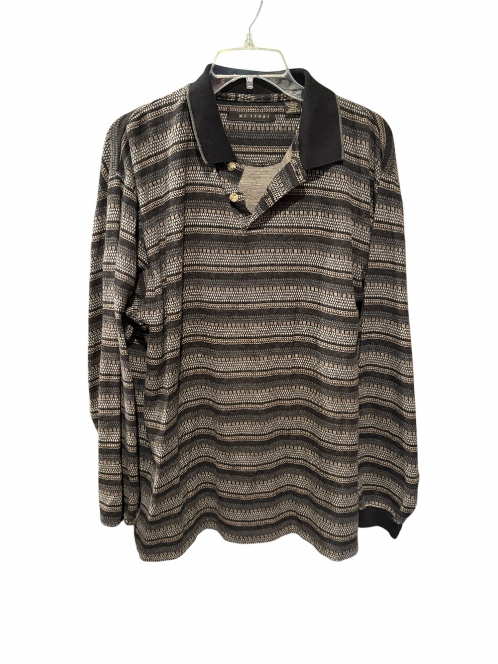 M.E. Sport Textured Stripe Long Sleeve Polo Shirt Men’s Large Black Beige